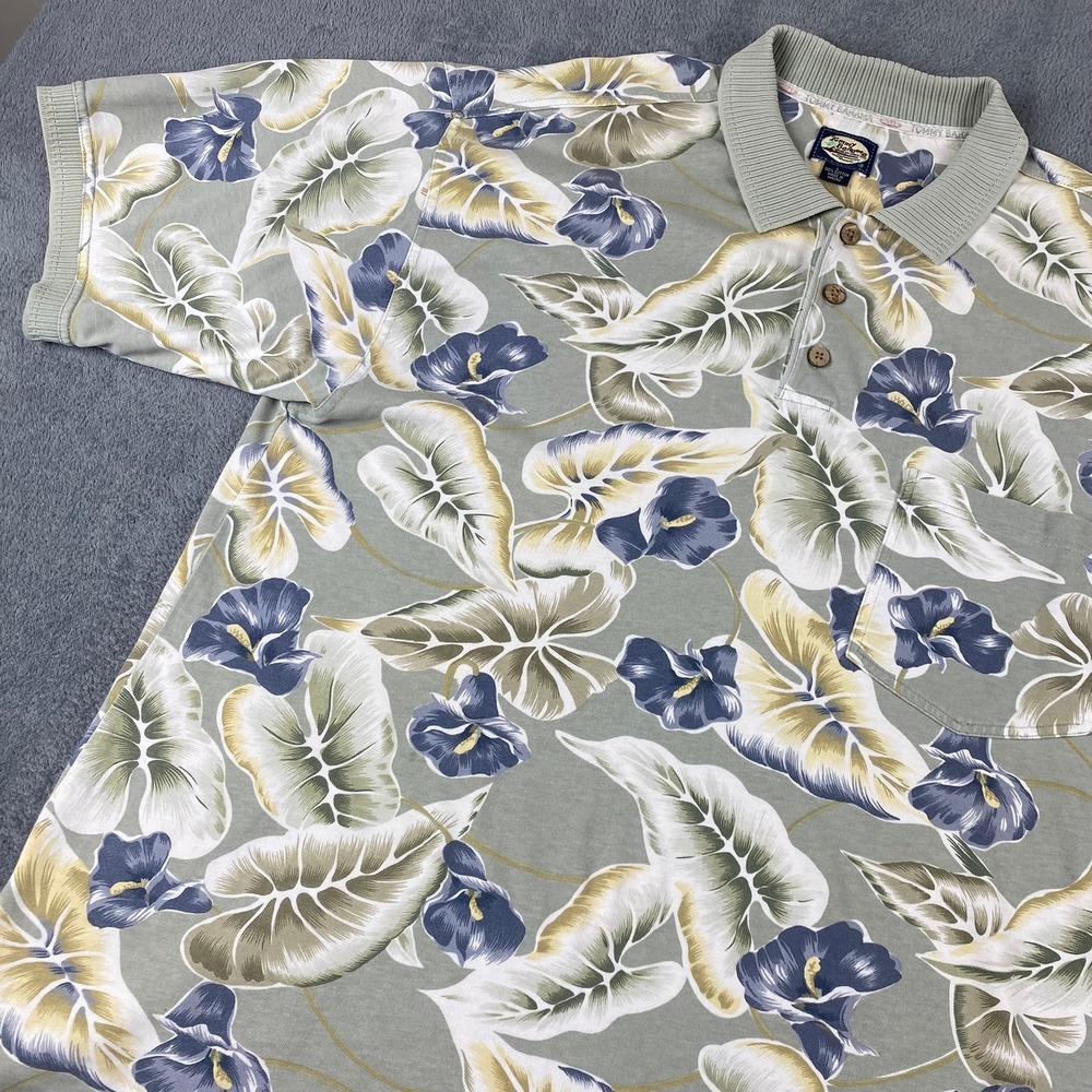 Tommy Bahama Mens Large Polo Shirt Green Floral Tropical Short Sleeve Cotton